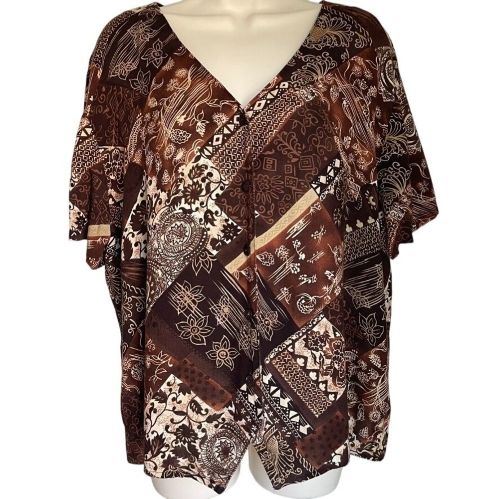 Boho Patchwork Blouse Womens XL Brown Cream Flowy Button Front Top